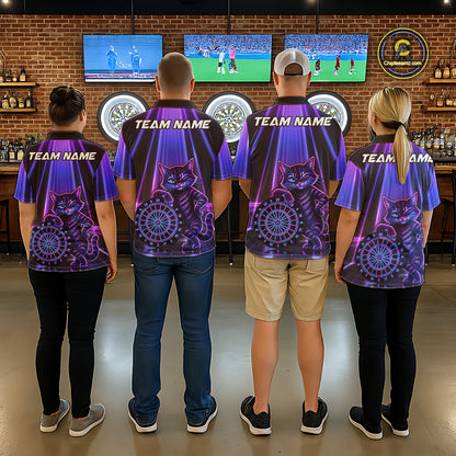 Dart team wearing matching Neon Funny Cat polo and quarter-zip jerseys, personalized tournament uniforms, teamwork, cat lovers.