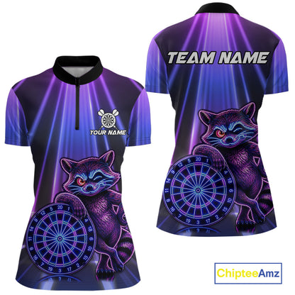 Neon Funny Raccoon Women's Dart Quarter-Zip Shirt, Personalized Dartboard Tournament Jersey, Performance Sportswear