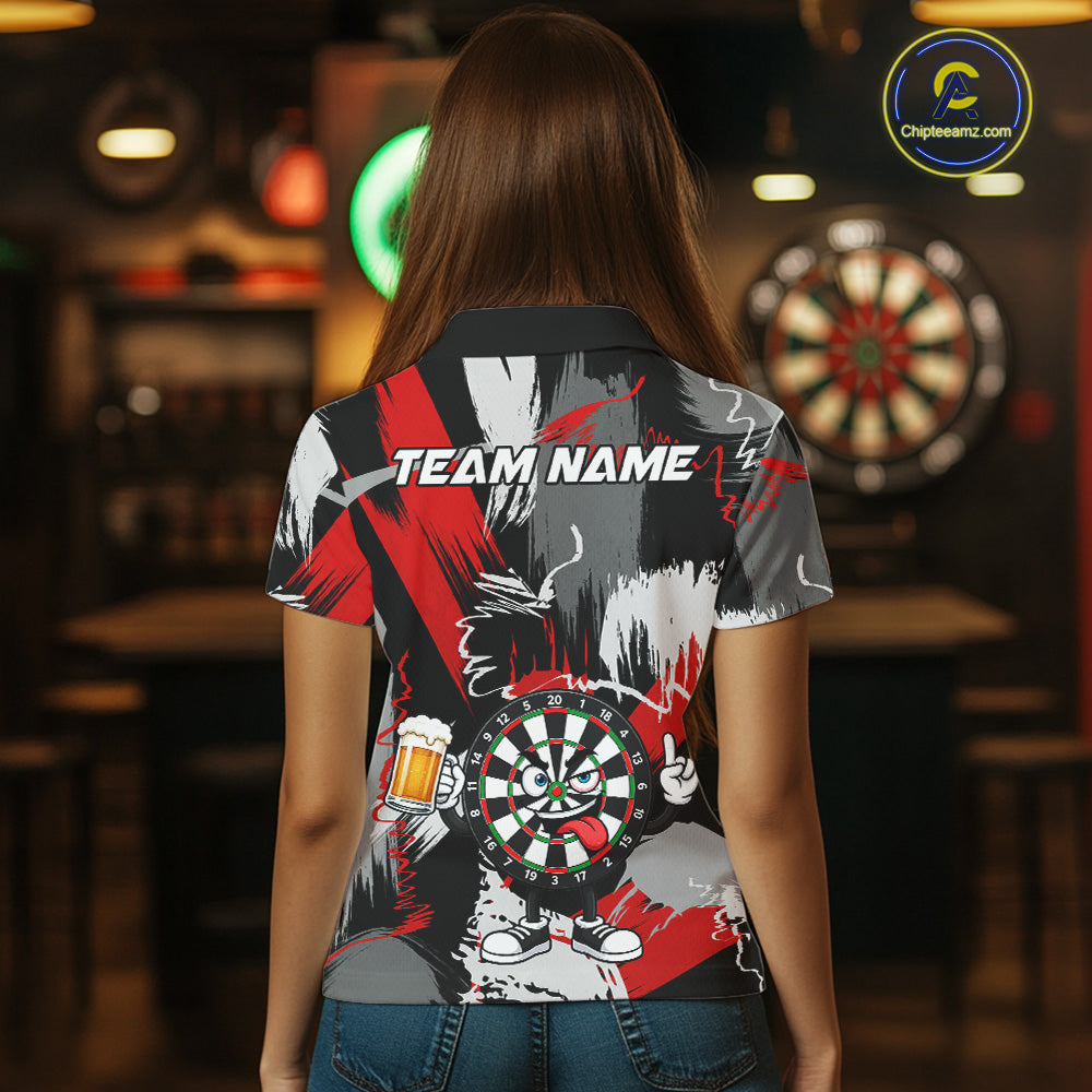 Female model wearing Rock-On Dartboard dart polo during league play, personalized dart apparel, rock music lifestyle, confidence