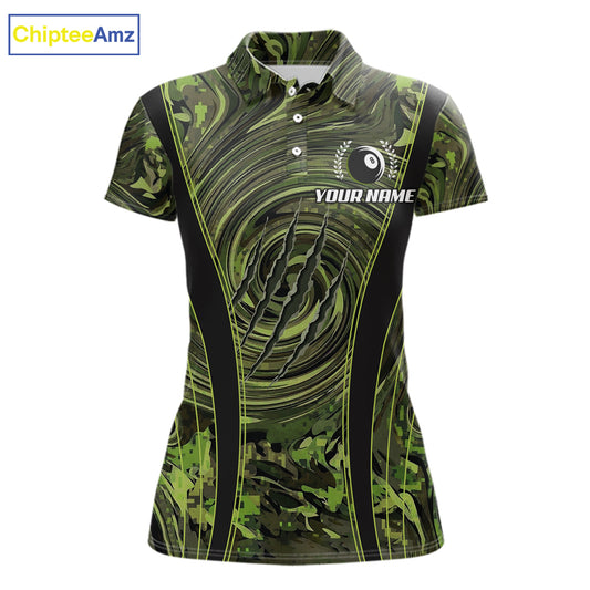 Green Camo 8 Ball Billiard Polo & 1/4 Zip Shirt For Women Custom Pool Team Shirt, Billiard Clothes NYN2941