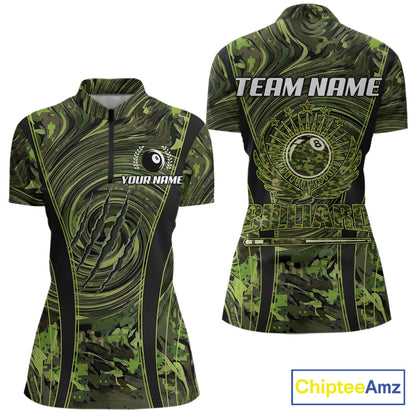 Green Camo 8 Ball Billiard Polo & 1/4 Zip Shirt For Women Custom Pool Team Shirt, Billiard Clothes NYN2941
