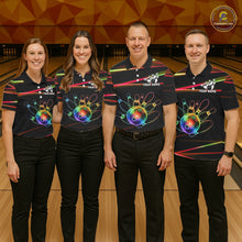 Load image into Gallery viewer, Men women bowling team wearing Orange and Green Neon custom rainbow bowling jerseys, matching bowling league uniforms, personalized team shirts