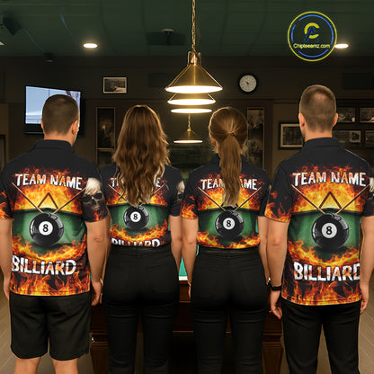 Fire Flame Pool 8 Ball Skull Billiard Shirts For Men Custom Billiard League Jerseys | Red NYN2286