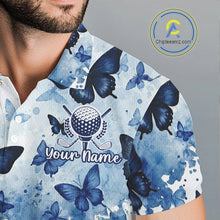 Load image into Gallery viewer, White &amp; Blue Butterflies Mens Golf Polo Shirt Custom Watercolor Golf Shirts Golf Attire NYN3155
