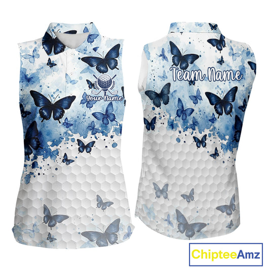 White & Blue Butterflies Womens Golf Sleeveless Polo Shirt Custom Watercolor Golf Shirts Golf Attire NYN3155