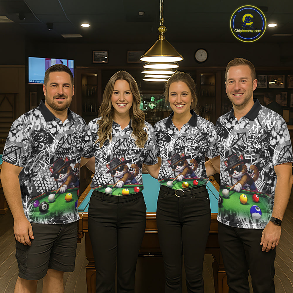 Custom Funny Pooler Cat 8 Ball Pool Billiard Shirt For Men Polo & 1/4 Zip, Billiard Team Jerseys NYN3160