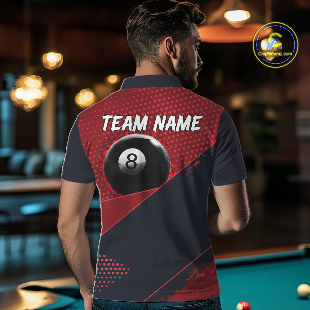 Male Pool Player Wearing Red Splash 8 Ball Billiard Shirt, Custom Pool League Jersey, Team Apparel