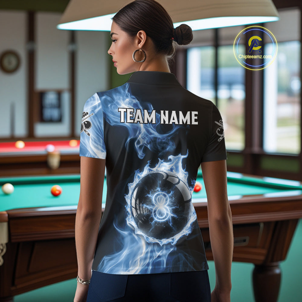 Blue Flaming Pool Billiard Shirts For Women Custom Light Ball 8 Billiard Team Jerseys NYN2300