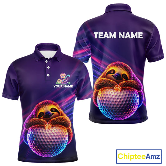 Men's funny golf polo featuring cute sloth with glowing purple neon artwork, personalized golf apparel for golf gifts, men's golf leagues, casual golfers and animal lovers, representing relaxation, humor and positive energy.
