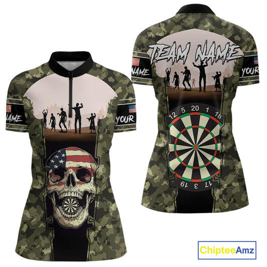 Camo US Flag Skull Skeleton Silhouette Dart Shirts For Women, Custom Dart Jerseys NYN0046