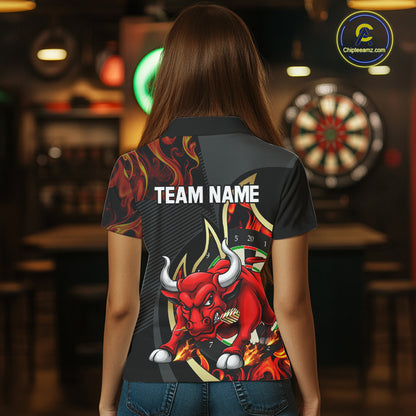 DartsPersonalized Bull Red Flames Darts Polo & 1/4-Zip Shirt For Women Funny Dart Team Dart Jerseys NYN2962