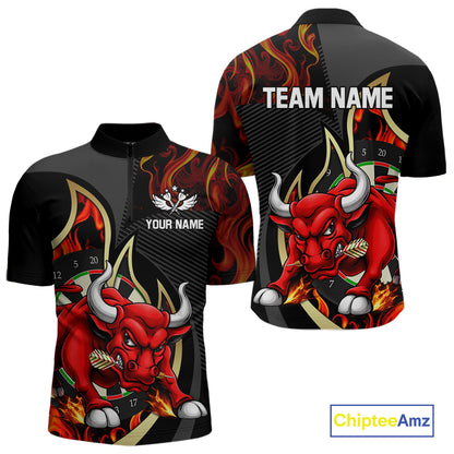 Personalized Bull Red Flames Darts Polo & 1/4-Zip Shirt For Men Funny Dart Team Dart Jerseys NYN2962