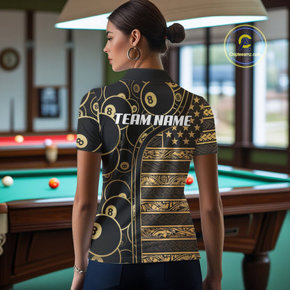 Black & Gold Tribal 8 Ball Pool Shirts Custom Women Billiard Polo & 1/4 Zip Shirt Billiard Team Jerseys NYN2970