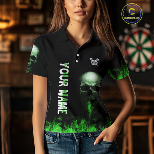 Custom Green Fire Skull Multi-Flame Dartboard Dart Women Polo Shirts, Dart Team Jerseys NYN1555