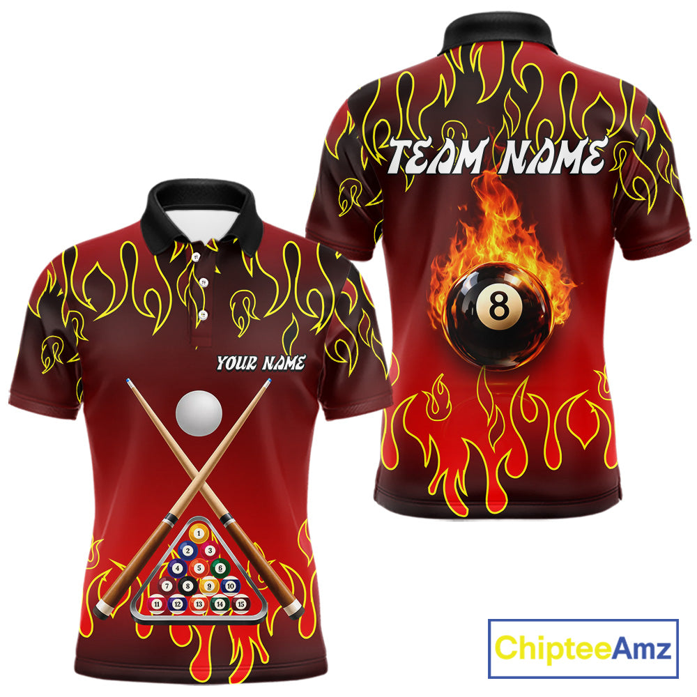 Custom Fire Flame 8 Ball Men's Billiard Shirts Personalized Billiard Attire Gifts | Red NYN2321