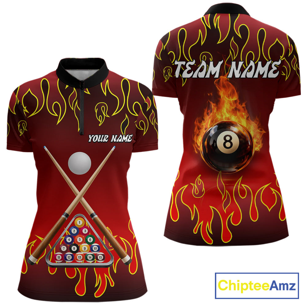 Custom Fire Flame 8 Ball Women's Billiard Shirts Personalized Billiard Attire Gifts | Red NYN2321