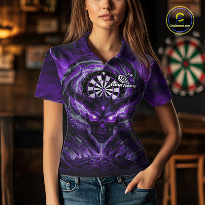 Lightning Purple & Grey Dragon Skull Dartboard Custom Women Darts Polo Shirt, Dart Jerseys NYN1809