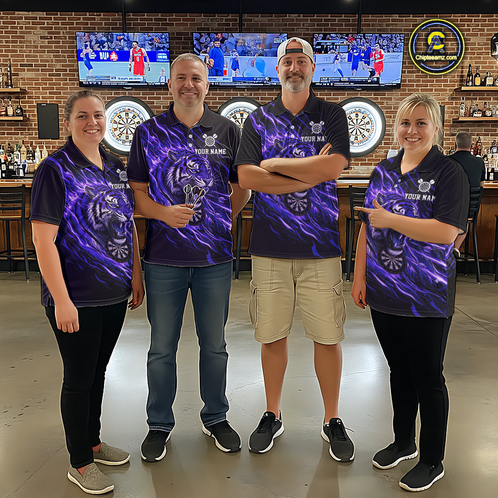 Purple Flaming Tiger Funny Darts Custom Men's Dart Polo Shirts Team Dart League Jerseys NYN2077