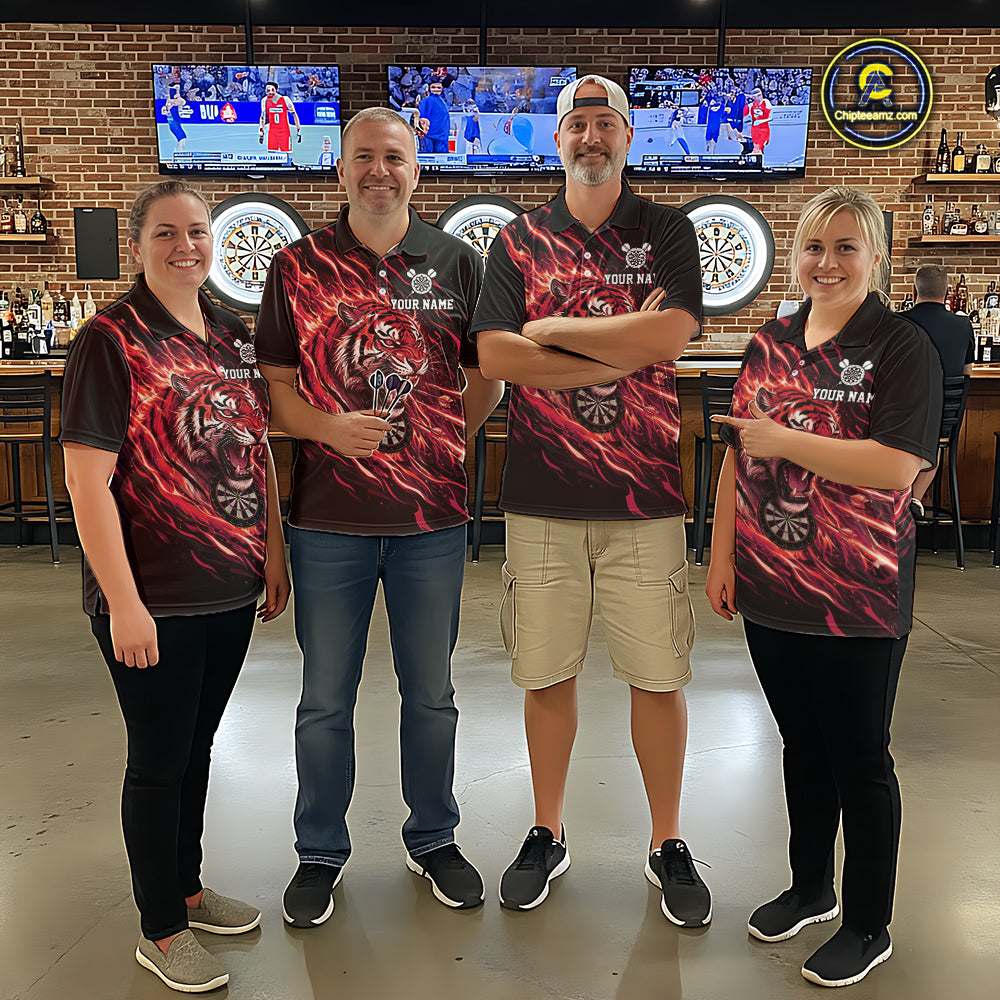 Red Flaming Tiger Funny Darts Custom Men's Dart Polo Shirts Team Dart League Jerseys NYN2078