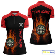Load image into Gallery viewer, Women's Flaming Darts Shirt - Custom Name &amp; Team Fire Dartboard Shirt For Players NYN0408