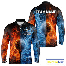 Load image into Gallery viewer, Blue water red flames mens golf polo shirt golf outfit