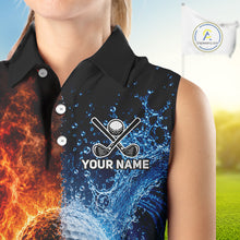 Load image into Gallery viewer, Blue water and red flames womens golf sleeveless polo shirt custom golf outfit