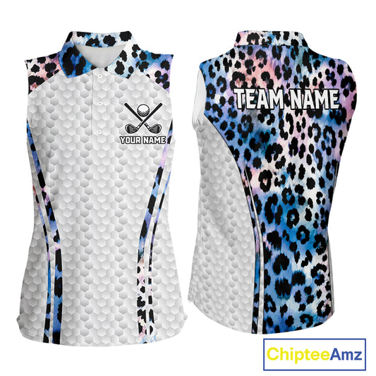 Neon blue leopard womens golf sleeveless polo shirt custom golf apparel