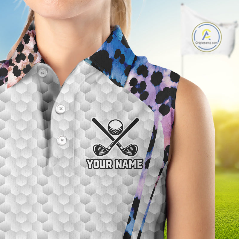 Neon blue leopard womens golf sleeveless polo shirt custom golf apparel