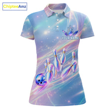Load image into Gallery viewer, Holographic Bowling Ball &amp; Pins Shirt For Women Custom Rainbow Galaxy Polo Quarter-Zip Bowling Jersey NYN3675