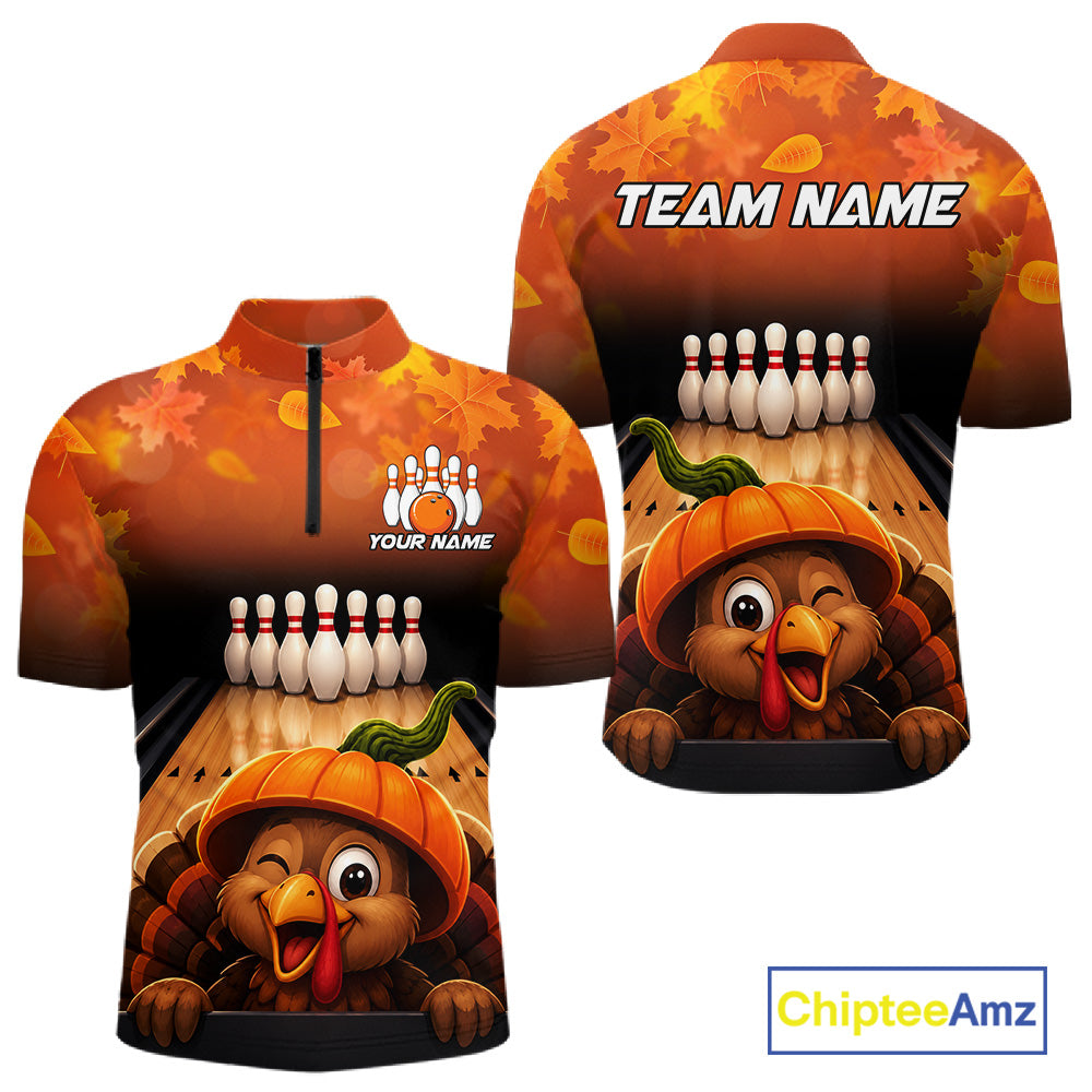 Personalized Funny Turkey Autumn Bowling Shirts For Men Thanksgiving Bowling Team Polo 1/4-Zip Shirt NYN3931