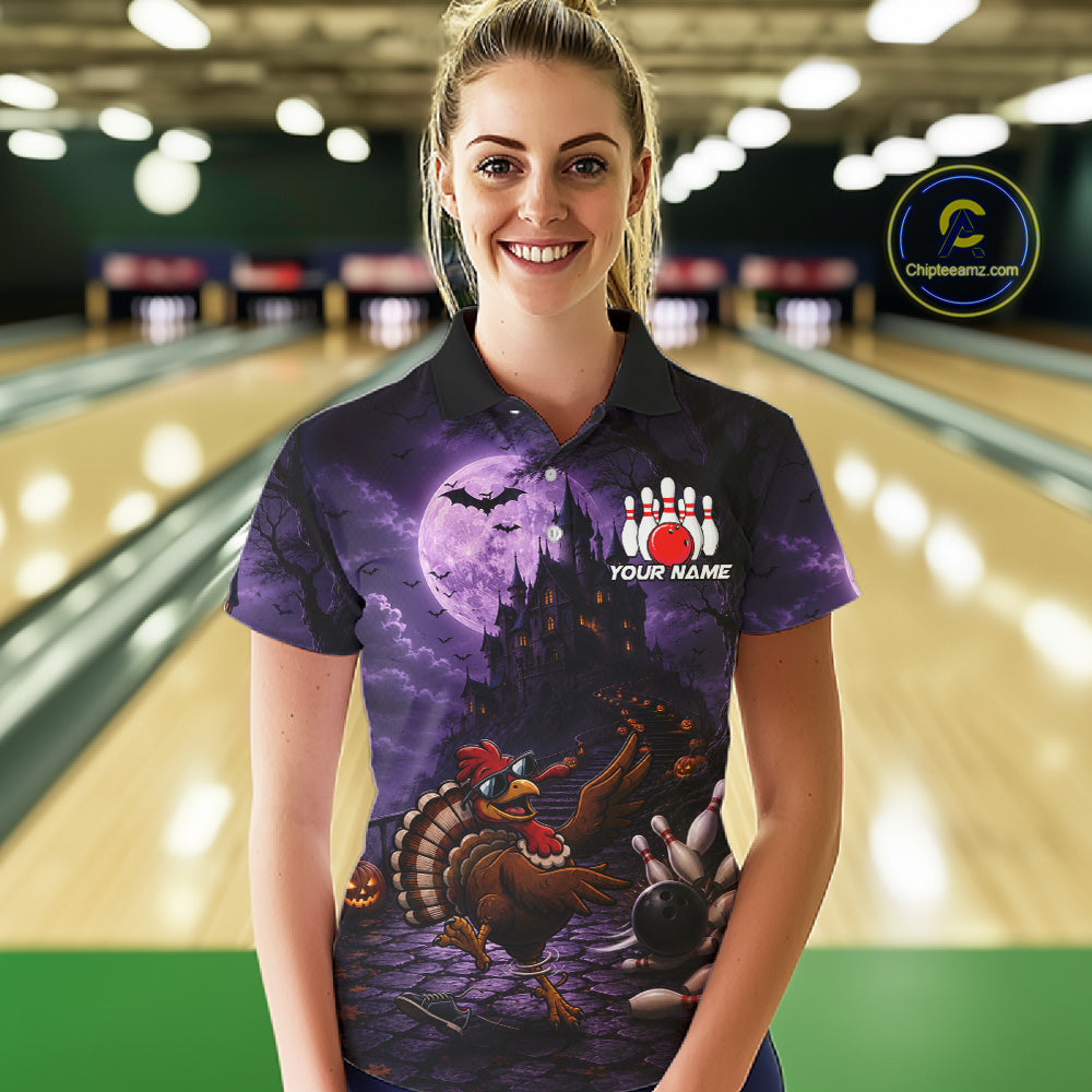 Funny Turkey Autumn Bowling Shirts For Women Custom Thanksgiving Bowling Polo 1/4-Zip Team Uniform NYN3932
