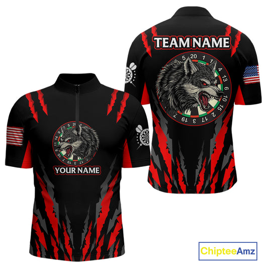Custom Black-Red Wolf Dartboard Dart Shirts For Men US Flag Dart Team Jerseys NYN0073
