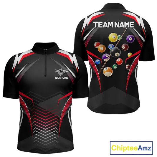 Black & Red Ball Pool Team Shirts Men's Billiard Polo & 1/4-Zip Personalized Billiard Gifts NYN2396