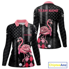 Load image into Gallery viewer, Custom Black Patriotic Golf Polo Shirts For Women, Funny Flamingo Best Golf Clothing Shirts NYN2995