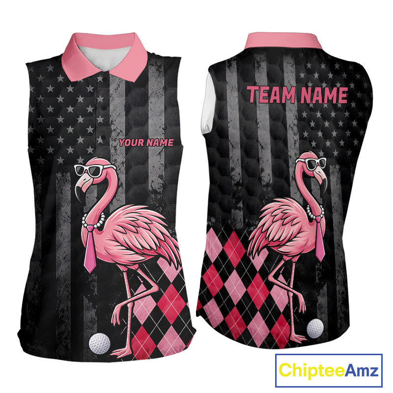 Custom Black Patriotic Golf Sleeveless Polo Shirts For Women, Funny Flamingo Best Golf Clothing Shirts NYN2995