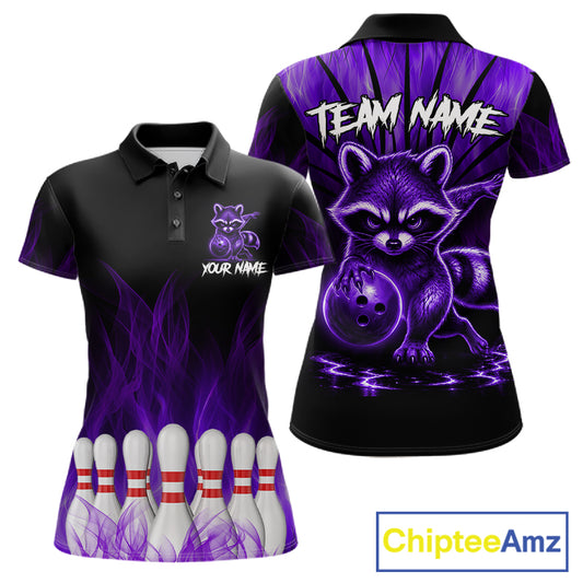 Purple Flames Funny Raccoon Bowling Shirt For Women Custom Bowling Team Jersey For Bowlers
