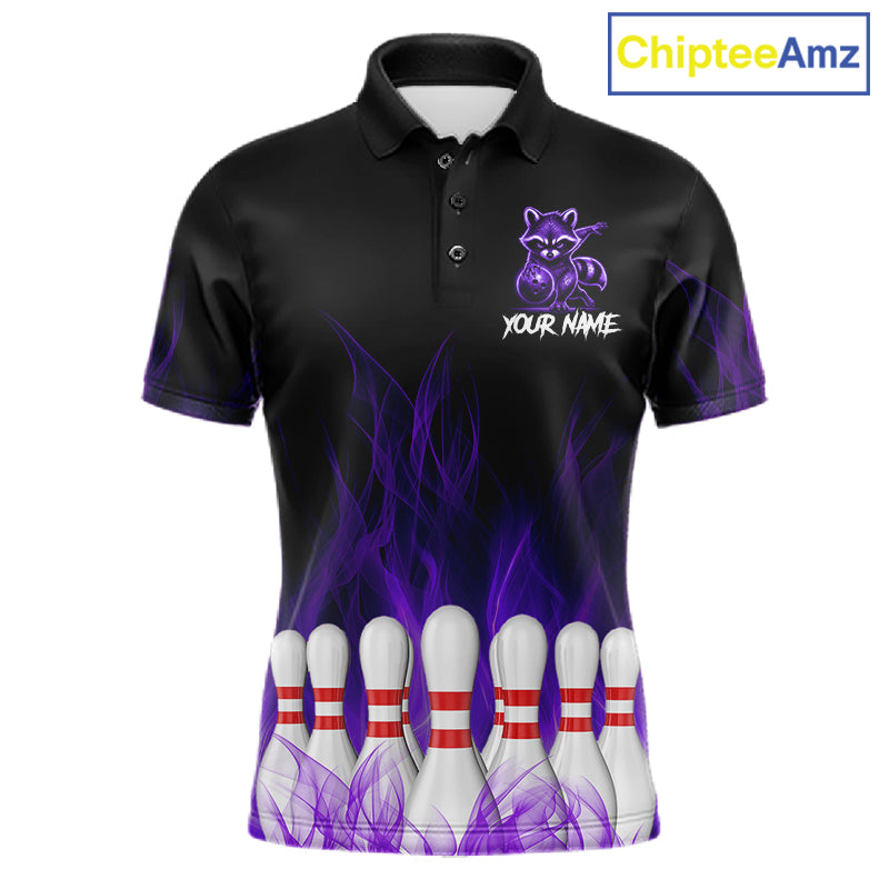 Purple Flames Funny Raccoon Bowling Shirt For Men Custom Bowling Team Jersey For Bowlers