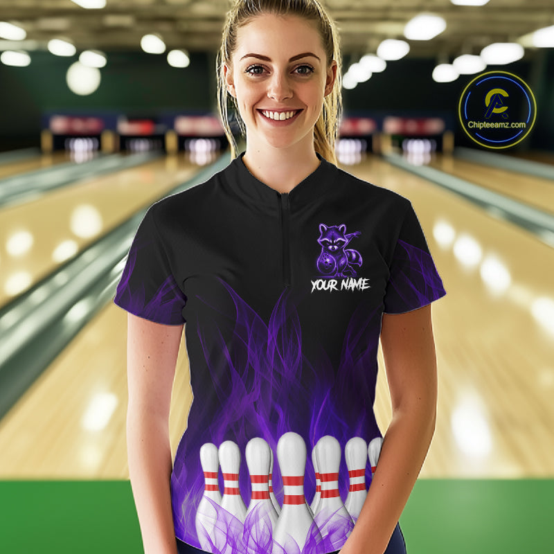 Purple Flames Custom Funny Raccoon Womens Bowling Shirts Bowling Team Shirt For Bowlers NYN3410