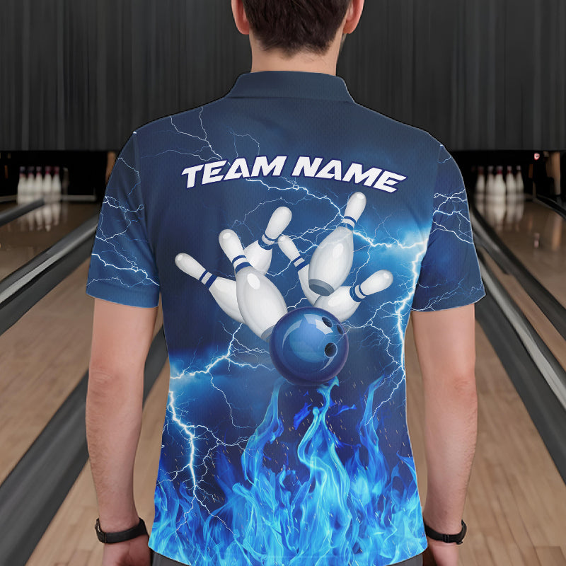 Custom Mens Bowling Thunder Lightning Shirts, Fire Flame Bowling Team Jerseys | Blue NYN3419