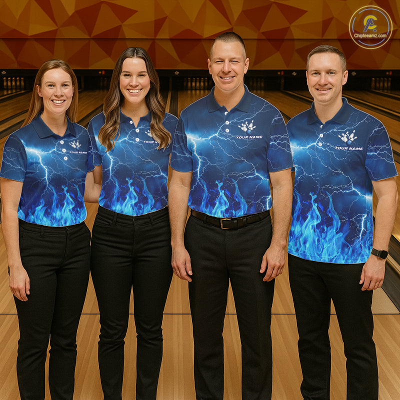Custom Womens Bowling Thunder Lightning Shirts, Fire Flame Bowling Team Jerseys | Blue NYN3419