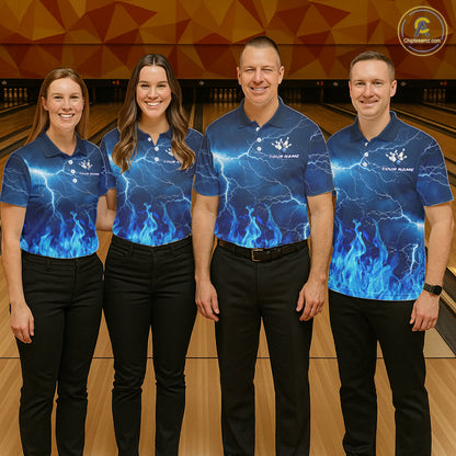 Custom Womens Bowling Thunder Lightning Shirts, Fire Flame Bowling Team Jerseys | Blue NYN3419