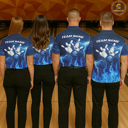 Custom Womens Bowling Thunder Lightning Shirts, Fire Flame Bowling Team Jerseys | Blue NYN3419