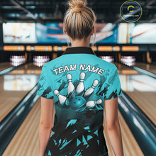 Load image into Gallery viewer, Female bowler wearing black turquoise bowling jersey during league event, personalized athletic apparel symbolizing focus, resilience and success.