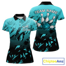 Load image into Gallery viewer, Women's bowling polo featuring black and turquoise strike graphics, personalized bowling apparel for modern art lovers, esports fans and competitive bowlers, symbolizing precision, confidence, balance and resilience.