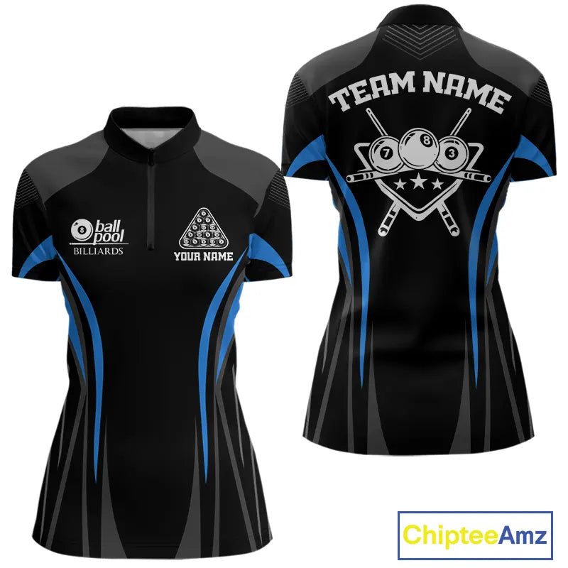 Black And Blue 8 Ball Pool Women Billiard Polo & 1/4-Zip Shirt Custom Pool Team Billiard Shirts NYN2401