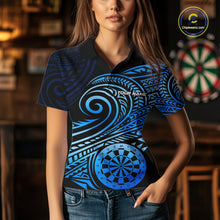 Load image into Gallery viewer, Black Blue Tribal Pattern Women Darts Polo &amp; 1/4-Zip Shirt Personalized Tribal Dart Team Appeal NYN3007