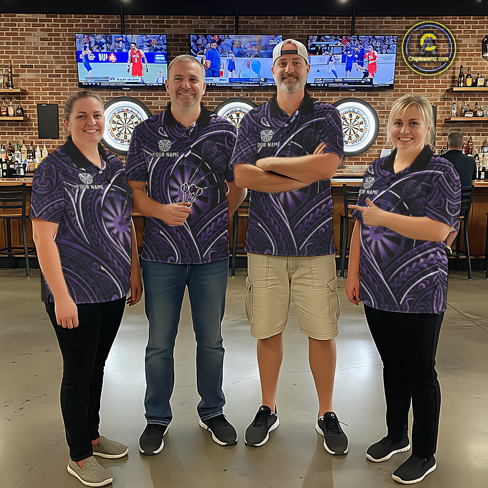 Black Purple Tribal Pattern Darts Polo & 1/4-Zip Shirt For Women Personalized Tribal Dart Team Appeal NYN3009