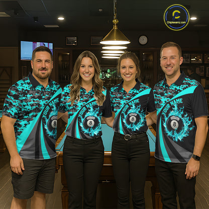 Flame 8 Ball & 9 Ball Billiard Pool Shirt For Women Custom Black And Teal Camo Billiard Team Attire NYN3429