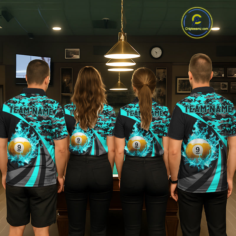 Flame 8 Ball & 9 Ball Billiard Pool Shirt For Women Custom Black And Teal Camo Billiard Team Attire NYN3429