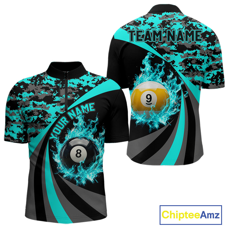 Black Teal Camo Flame 8 Ball 9 Ball Pool Shirt For Men Custom Billiard Team Jersey
